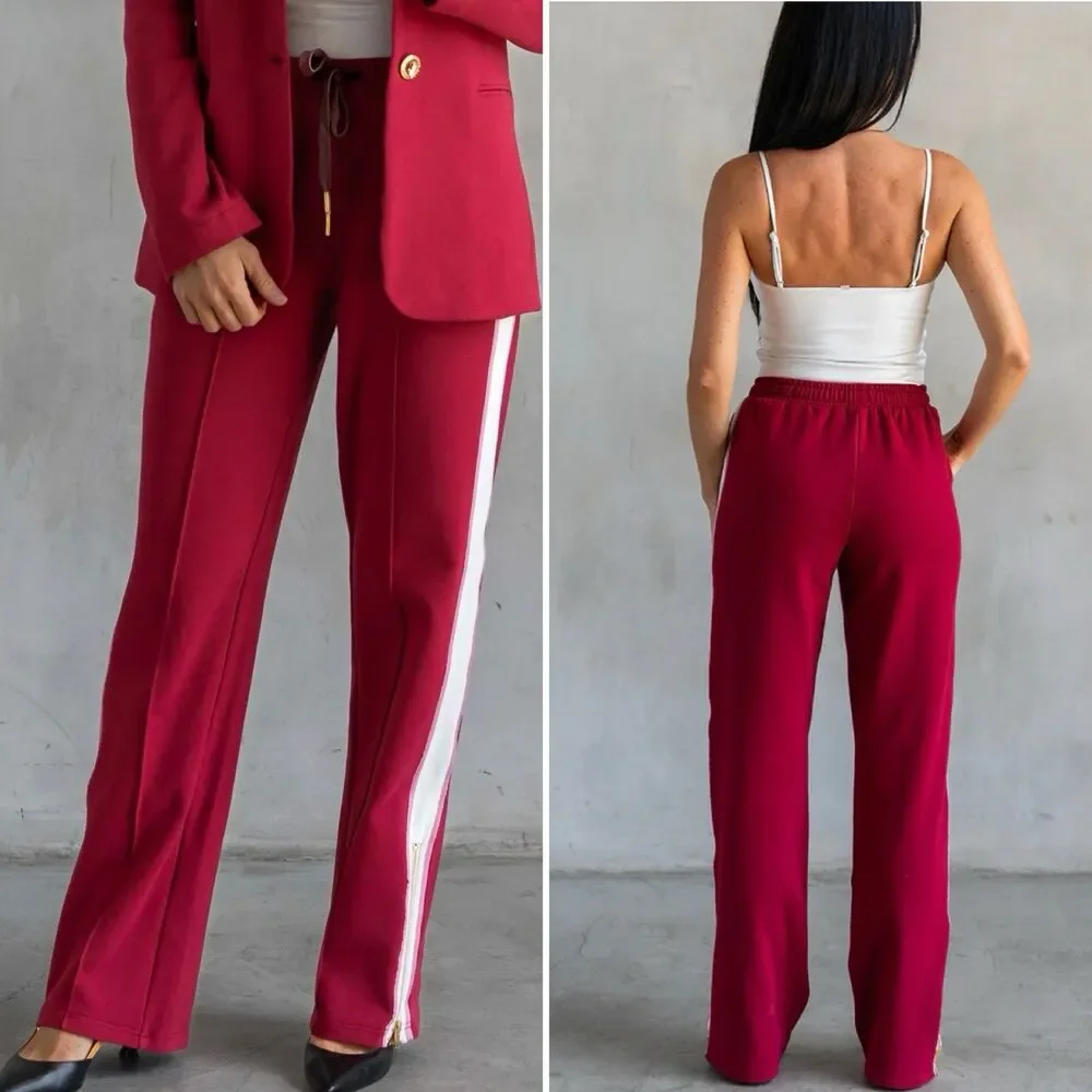 Care Tucker Pants Womens XS Red Jordan Interlock Bordeaux Side Stripe Zip Office